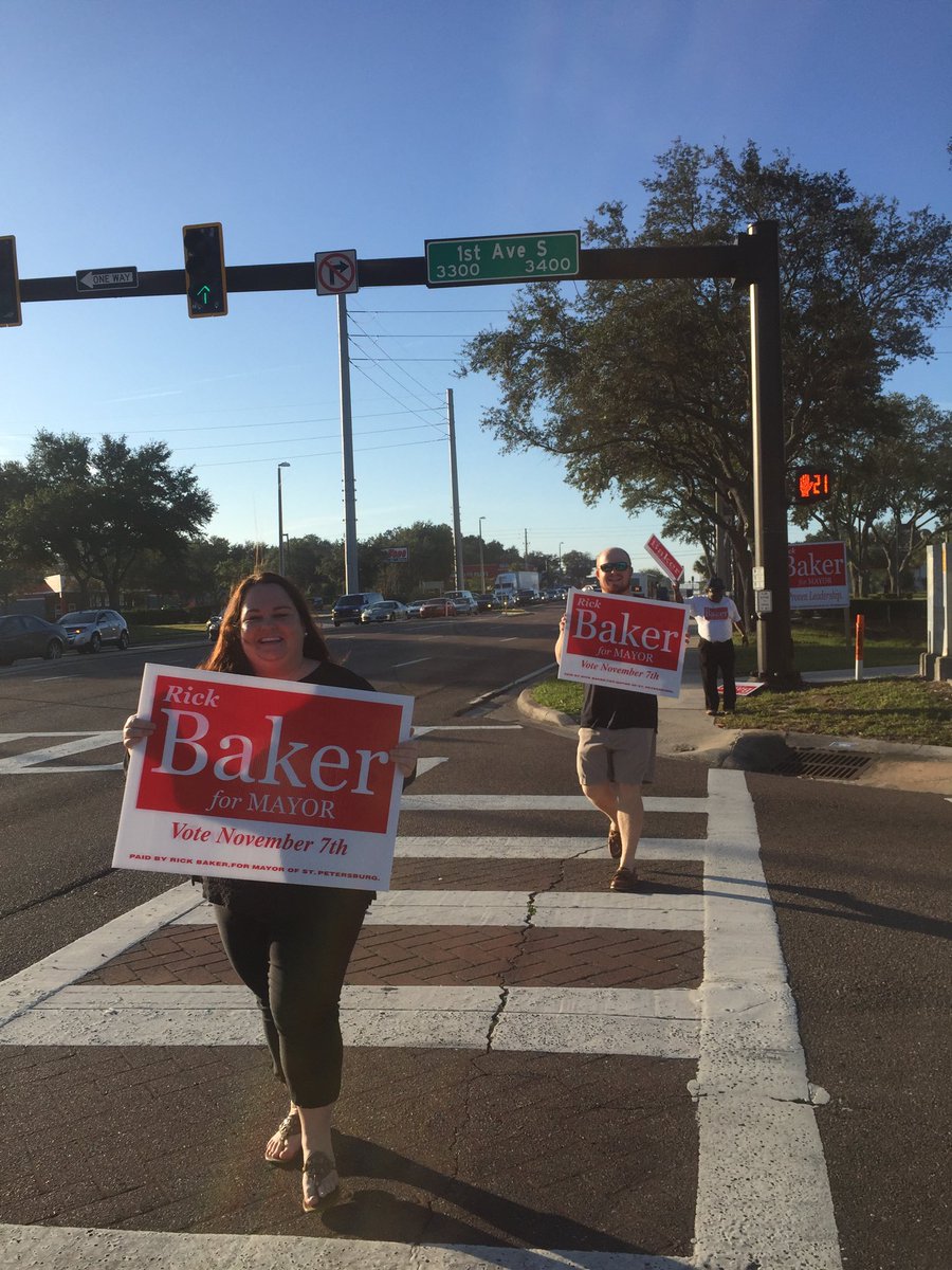 bakerstpete's tweet photo. Good to have friends out so early to wave signs with us. Vote today! https://t.co/WAN9GtSrcm