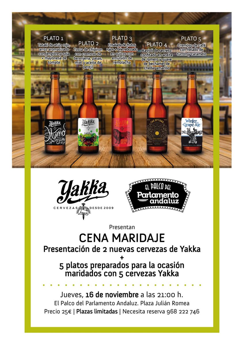 palcoparlamento's tweet photo. ¡Apúntate ya a nuestra nueva #Cena Maridaje con #CervezasYakka en nuestro #PalcoDelParlamento #Murcia! 🍽🍻¡Plazas limitadas! 📞 968 22 27 46 https://t.co/A33UCuv37m