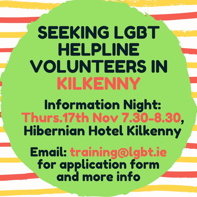 LGBT_ie's tweet photo. We need volunteers for LGBT Helpline Kilkenny! Info Night: Thurs.17th Nov 7.30-8.30, Hibernian Hotel Kilkenny. Email training@lgbt.ie https://t.co/Rj8OZs7H8m