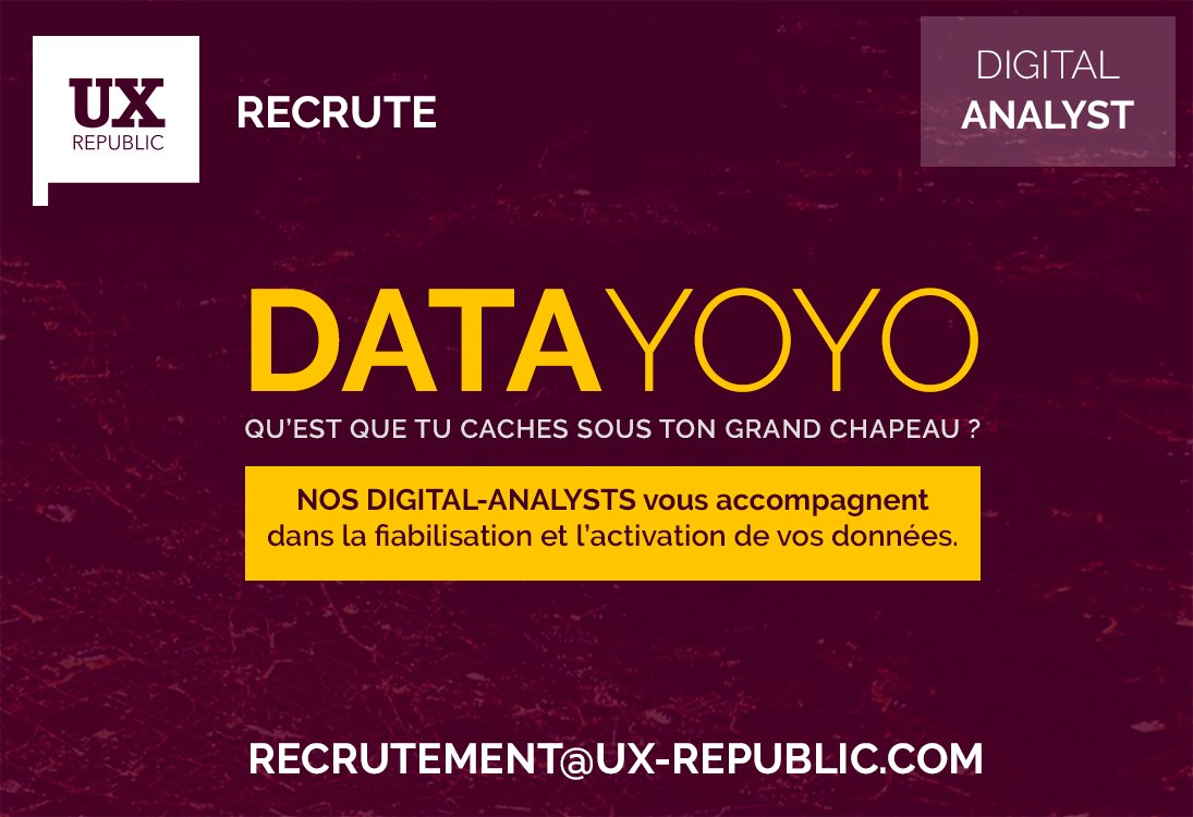 UXRepublic's tweet photo. #DATA YOYO, qu'est-ce qu'il y a sous ton grand chapeau ? UX-Republic s'agrandit et étend son expertise à l'analytics ! #JoinUX #uxjobs https://t.co/eCCHixgUgo