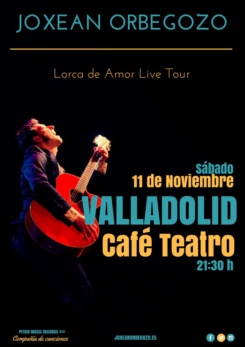 PitxinMusicRec's tweet photo. @JoxeanOrbegozo #Sábado 11 de #Noviembre #Valladolid #CaféTeatro @hueso999 

#LorcaDeAmor #Concierto #Live #Directo #Valladolid https://t.co/x4qKYTRVi0