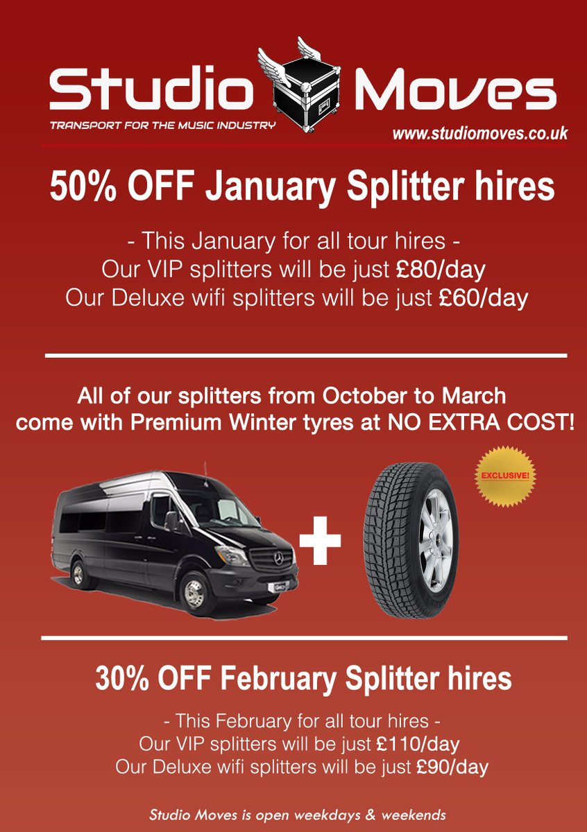 StudioMovesUK's tweet photo. 50% OFF all splitter hire tours this January + All our splitters come with premium winter tyres at NO EXTRA COST! #StudioMoves #Discount https://t.co/7odMp3AtSV