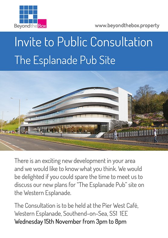 BeyondTheBoxDev's tweet image. We are inviting #Southend residents to a Public Consultation at Pier West Cafe, SS1 1EE on 15th November, 3-8pm @Essex_Echo @VisitSouthend