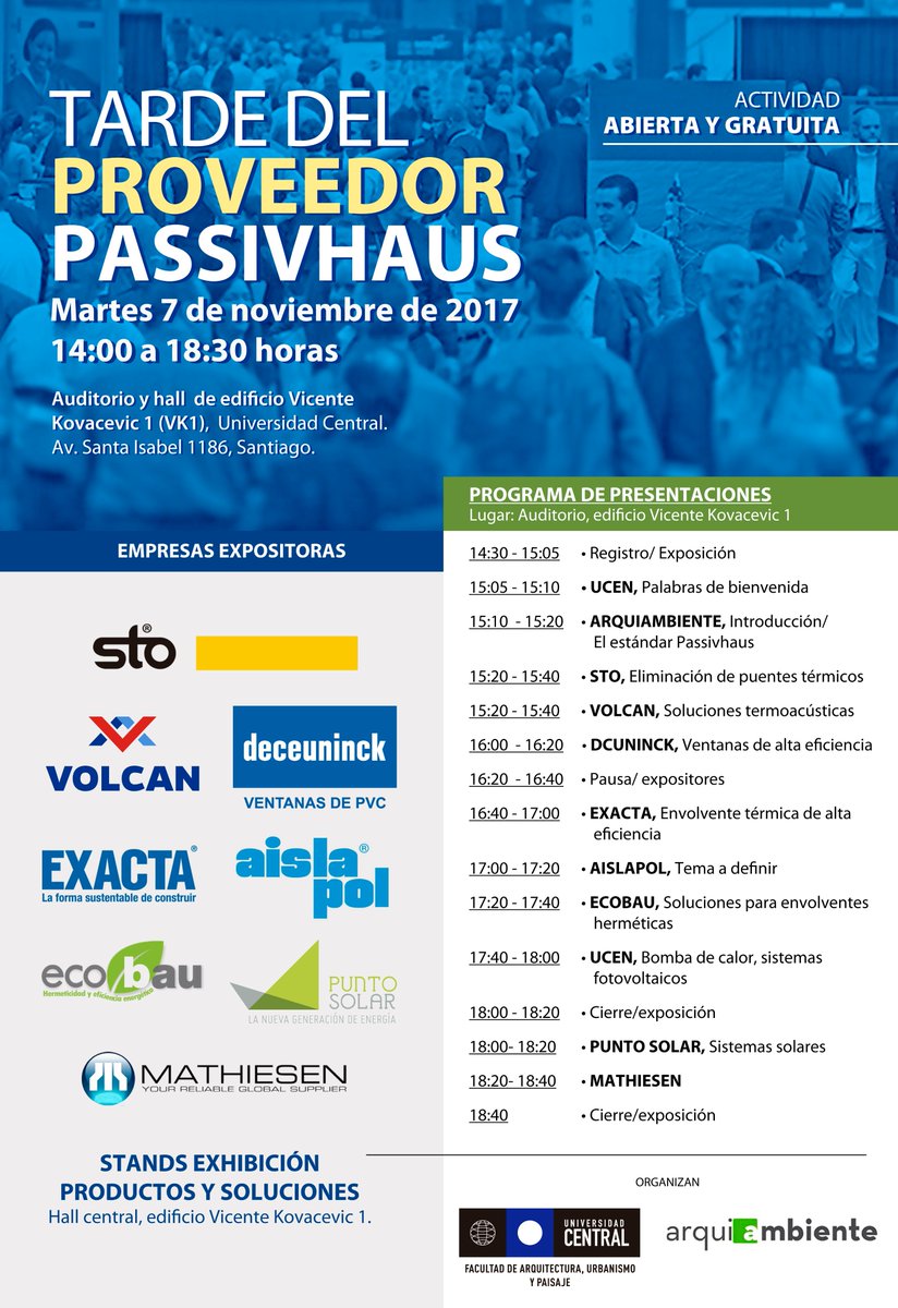 Finarq_UCentral's tweet photo. Hoy: "Tarde del proveedor #passivhaus" Expondrán @puntosolar @AislapolChile @stoamericalatin #VOLCAN #DCUNINCK  #EXACTA #MATHIESEN #ECOBAU https://t.co/xQ0oQWInpu