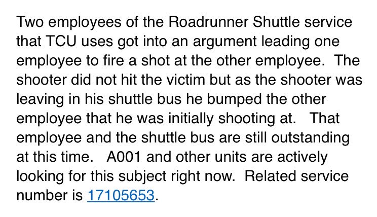 KatyBlakeyNBC5's tweet photo. MORE: Per @fortworthpd It was two employees of the Roadrunner Shuttle service fighting that led to @TCU campus alert. @NBCDFW https://t.co/j6HbLZjcGI