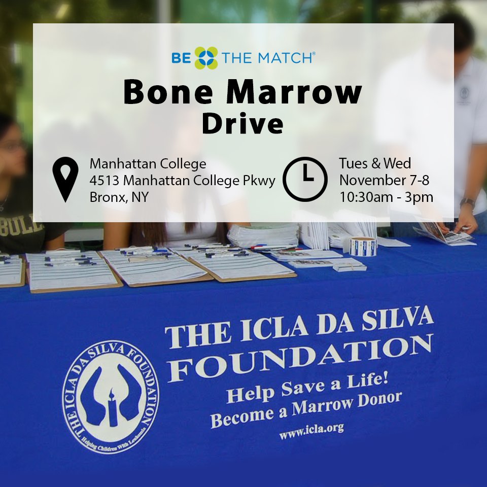 IcladaSilvaFdn's tweet photo. We're back at @manhattanedu TODAY and TOMORROW for another @bethematch #marrowdrive! Come stop by and see us! #manhattancollege https://t.co/cpTfqOsPT1