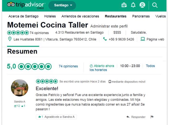 Contentos con el resultado de nuestro trabajo de calidad, creatividad y cercanía con el Chile real de nuestra propuesta gastronómica..