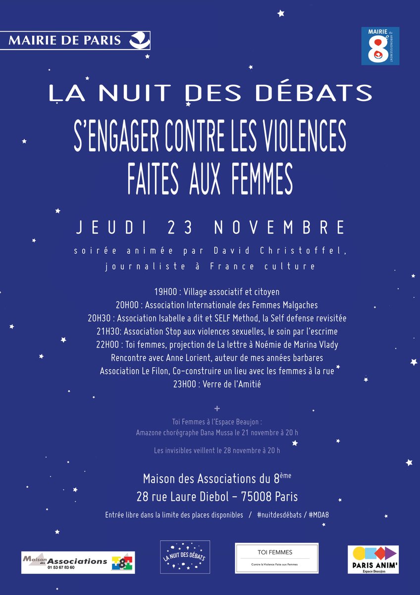 MDA75008's tweet photo. Grande #nuitdesdebats associative à la #MDA8 animée par @dcdb le jeudi 23/11 pour s'#engager contre  les #violences faites aux #femmes https://t.co/23OD4Np1cC