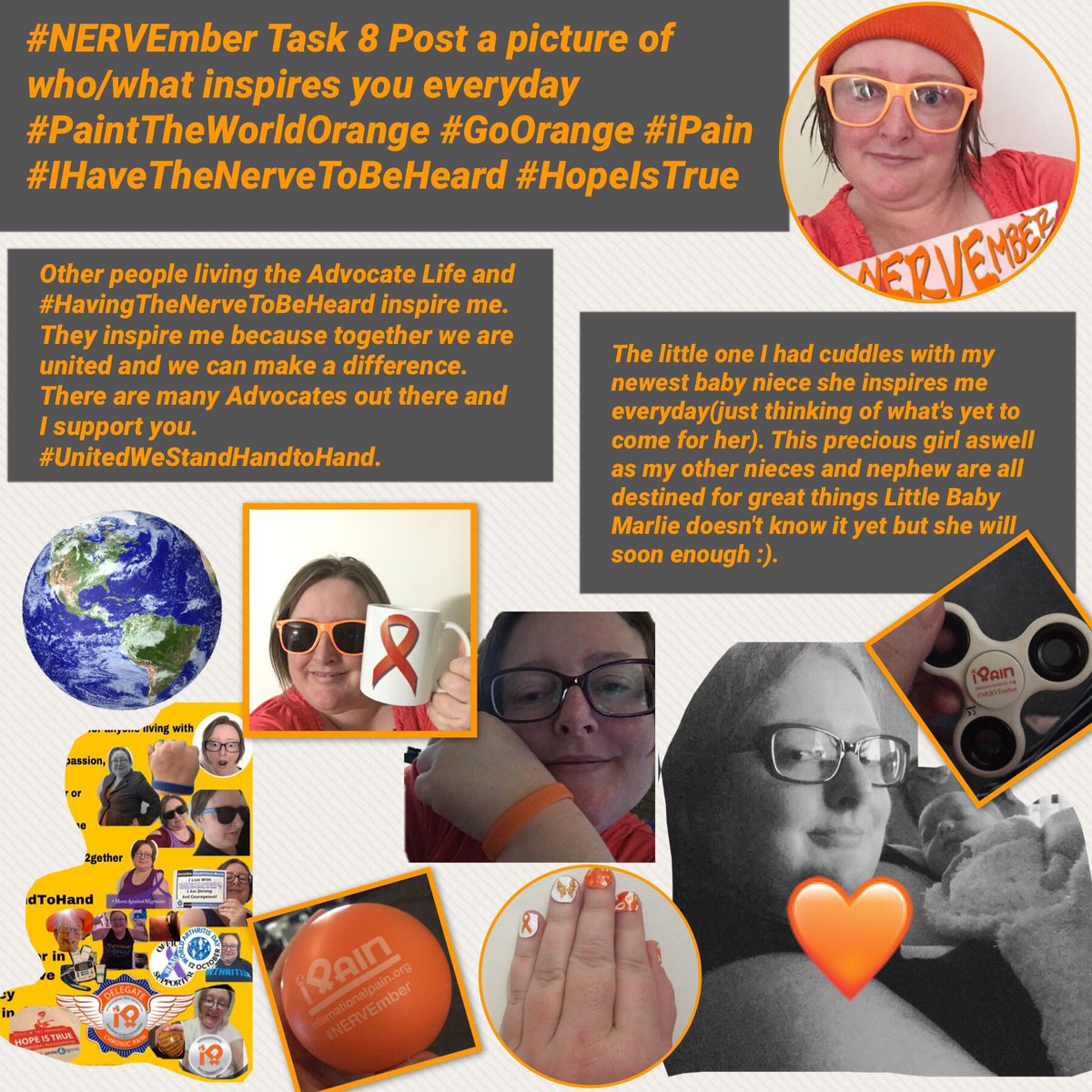 unitedadvocacy's tweet photo. MyTask 8 #IHaveTheNerveToBeHeard #PaintTheWorldOrange #NERVEmber #HopeIsTrue #IPaindelegate @wegohealth @BarbyIngle @thekimby @IFAArthritis https://t.co/OaJvicJeJY