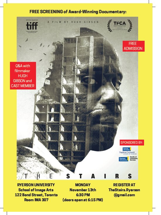 Join us for a screening + Q&amp;A of The Stairs, a film on the lives of clients &amp; staff at Street Health, on Nov 13 @ 6:30pm (Room IMA 307)