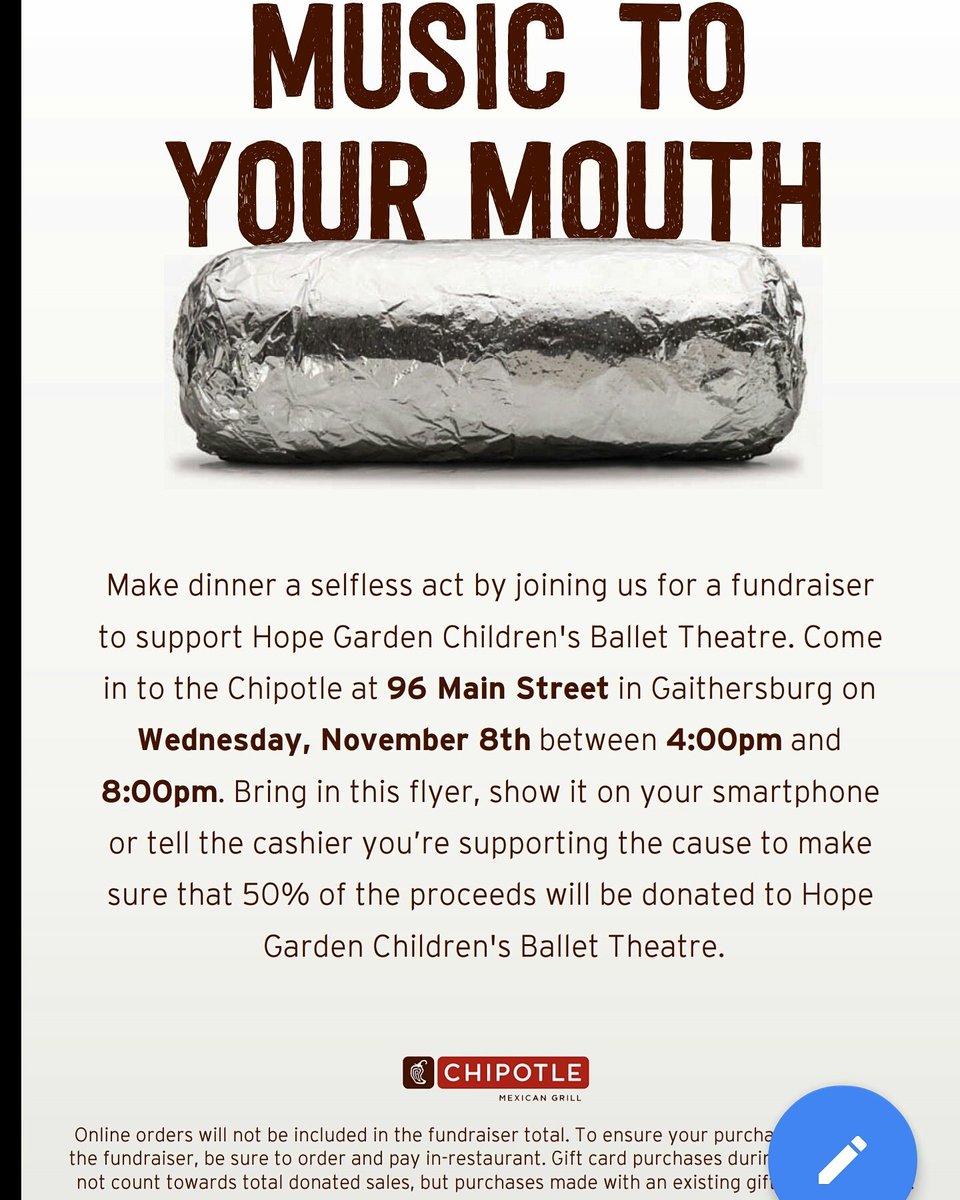 hgcballet's tweet photo. Eat at Chipotle in Kentlands tomorrow eve before 8 pm!! Tell them you are with Hope Garden! https://t.co/e1Ek5HSqFi
