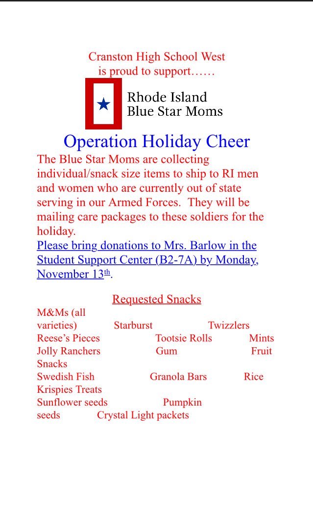 CHSWstudentbody's tweet photo. Please bring in any of the listed snacks to be shipped to soldiers for this salute to service month! https://t.co/hXwlAlOcH3