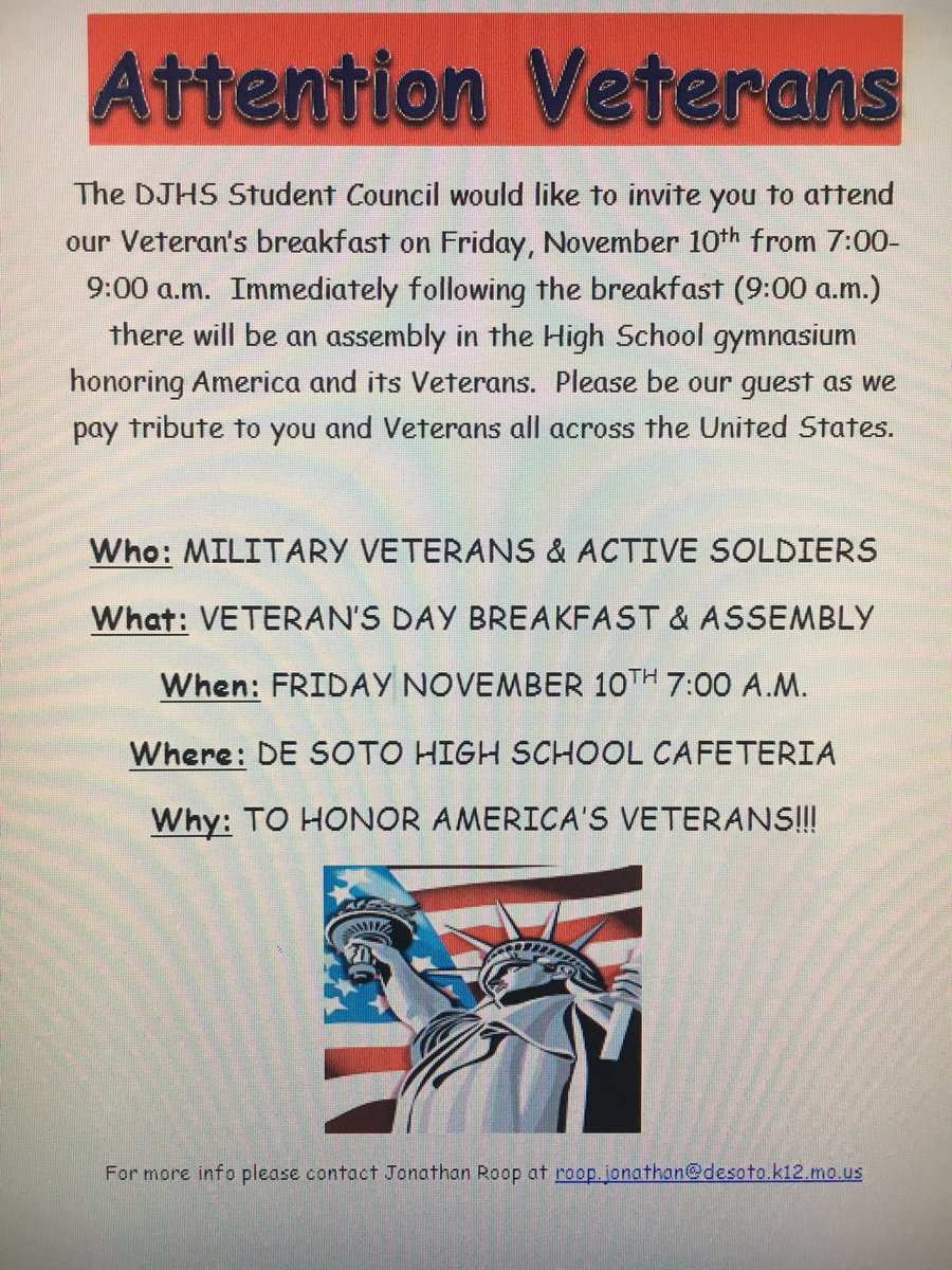 JRoopAD's tweet photo. Veterans Day breakfast this Friday at DHS cafeteria.  @DeSotoJH @DeSotoHS73 @DeSoto73 https://t.co/4pAyLjm7k9