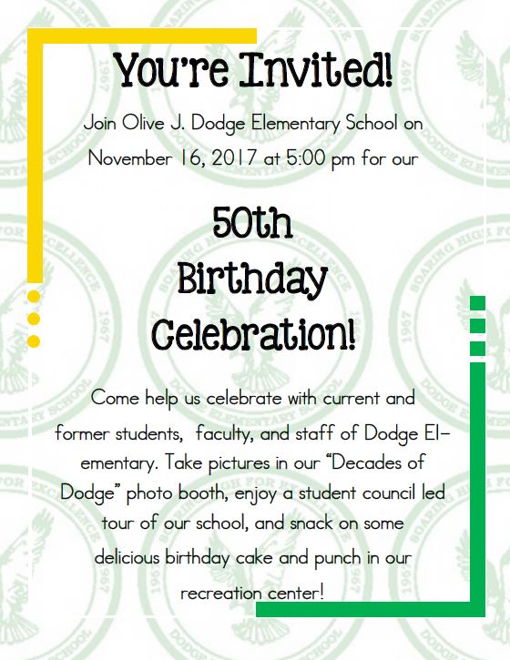 Dodge is having a BIG 50th birthday bash!  All current &amp; former students, faculty, &amp; staff are invited! #DodgeSoars