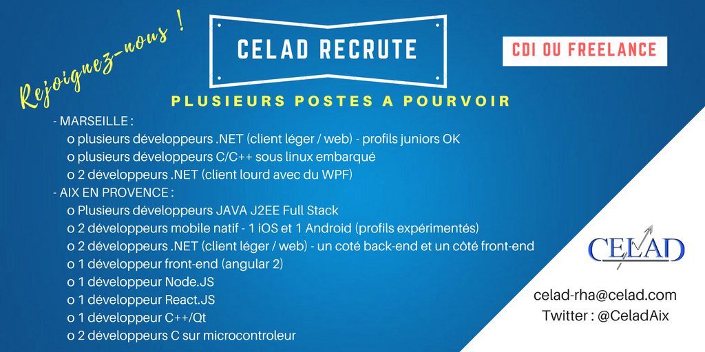 CeladAix's tweet photo. [#CELADjob] #webdeveloper #webdevelopment #java #Dotnet #ReactJS #NodeJS #javascript #Angular #android #ios #linux #embedded  #ITjobs https://t.co/5ehHWhVFlC