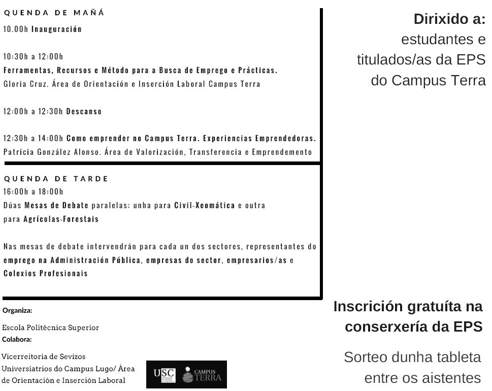 CampusTerraUSC's tweet photo. Xornadas de Orientación Laboral en @EPSLugo o vindeiro 15 de novembro. Inscrición gratuíta #CampusTerraEmprega https://t.co/xbWkD8jPwo