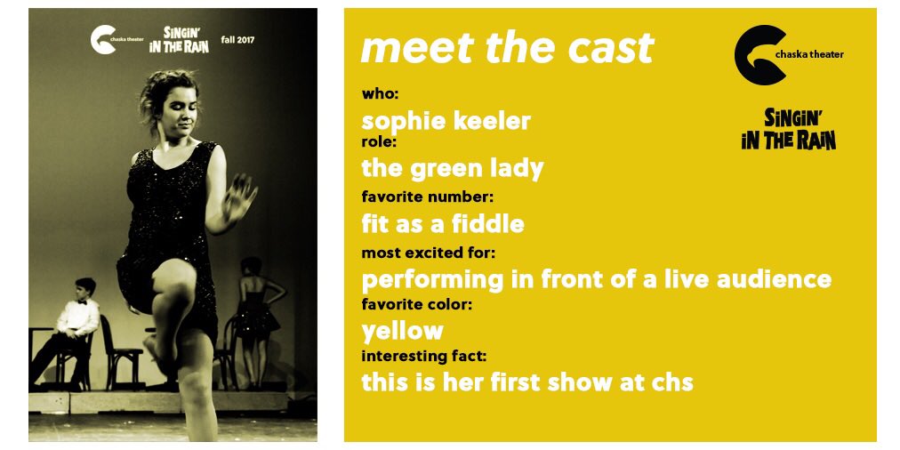 There’s 3 days left!

Today let’s meet @sophiekeelss, who plays the green lady.

Buy 🎟 for #CHSSinginInTheRain: bit.ly/2xrTzvd