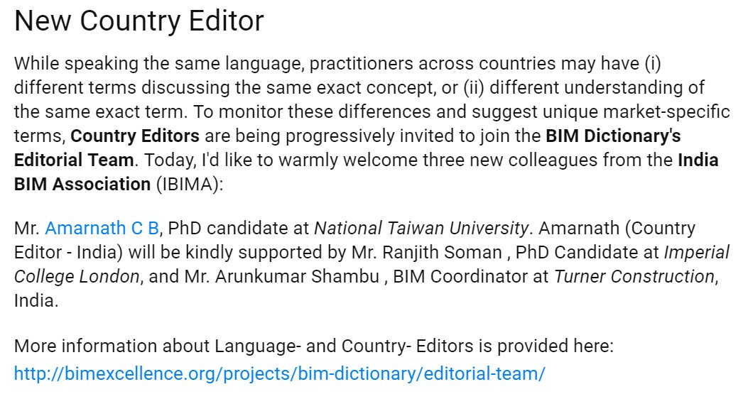BIMeInitiative's tweet photo. A Country Editor for India is appointed. A very warm welcome to @amarnathcb and his colleagues into the #BIMdictionary's Editorial Team! https://t.co/g3SuhbDmIv