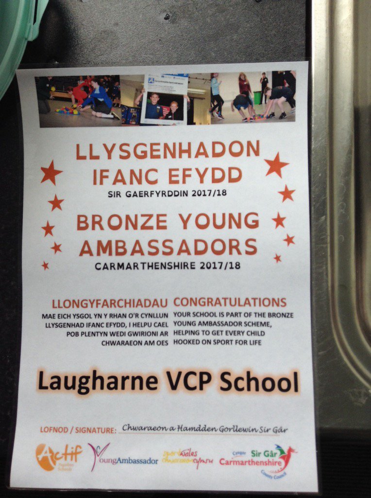 LaugharneSchool's tweet photo. Congratulations to the Bronze Ambassadors for receiving their certificate today. @sportcarms 
Llongyfarchiadau!! https://t.co/JxVbSTrobW