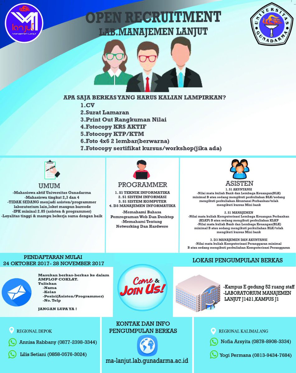 BankingLab_UG's tweet photo. Laboratorium Manajemen Lanjut Alias Banking Lab sedang Open Recruitment untuk Asisten dan Programmer baru lho yuk Join 😉 #manlan #gunadarma https://t.co/keFzIcC0FM