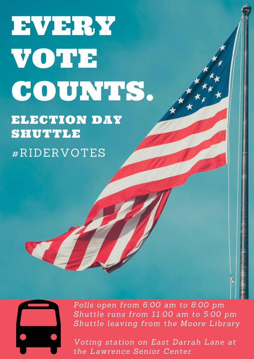 RiderSGA's tweet photo. It's Election Day! Use the free shuttle from 11-5 leaving from the Moore Library to get to the polls! Remeber every vote counts. #ridervotes https://t.co/CjwswxHv8B
