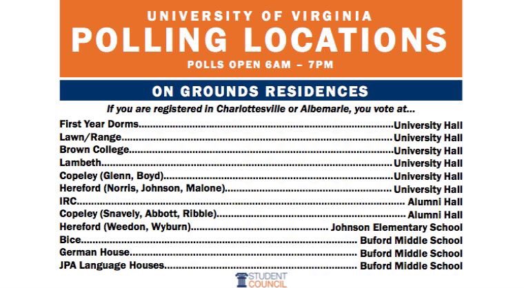 uvastudco's tweet photo. If you live On Grounds, these are your polling places #UVAvotes https://t.co/3g6ls4QEzo