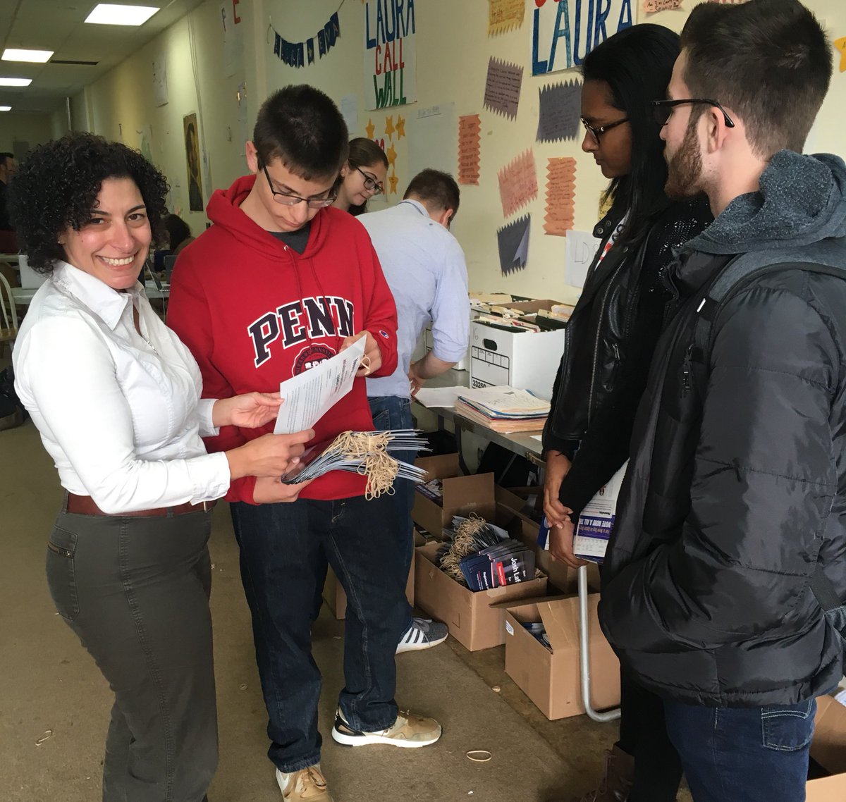 MarcHermanTOB's tweet photo. Campaign headquarters is hopping! @ElectEvaPearson took a moment to view @JoshLafazan and @oysterbaydems news #flipitblue #electionday #vote https://t.co/ACB6C6m8PF