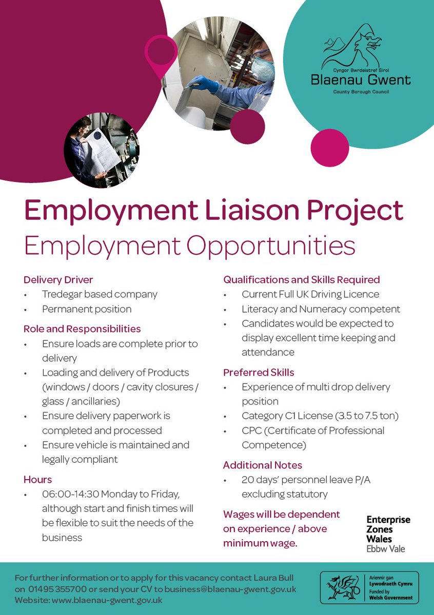 BlaenauGwentCBC's tweet photo. Employment Opportunities
Employment Liaison Project 
Delivery Driver, Tredegar 
Laura Bull 
01495355700 
business@blaenau-gwent.gov.uk https://t.co/nkSxv4Dh4C