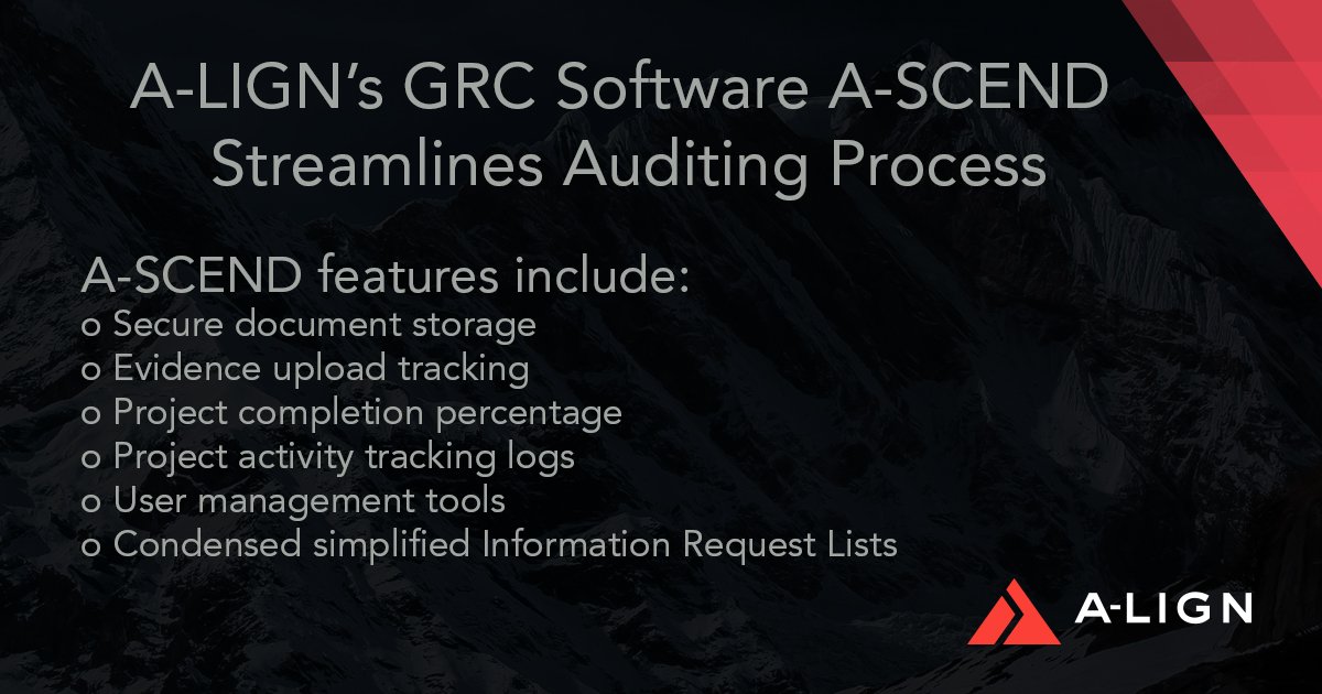aligncompliance's tweet photo. A-LIGN designed A-SCEND to create a more efficient, organized auditing process for clients. Learn more here https://t.co/cMyTQ8DvCy #InfoSec https://t.co/N2wPTXuAf2
