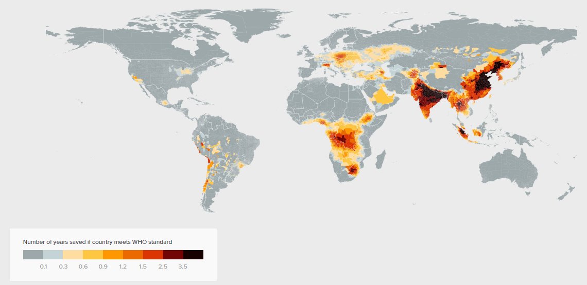 wef's tweet photo. This map shows how many years could be added to your life - if the air you breathe was less polluted.  https://t.co/rRXElQLh9r https://t.co/wTDjd8A5rJ