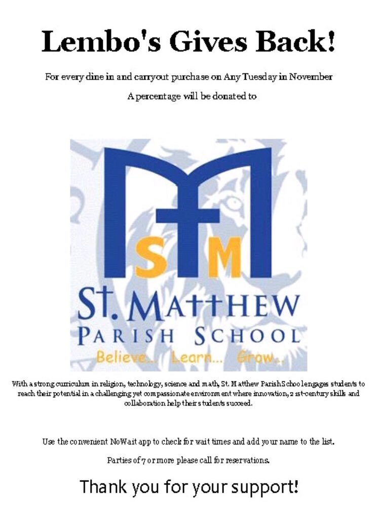 LembosItalian's tweet photo. Our Give Back Tuesday for the month of November is St. Matthew Parish School! A percentage from our dine in/carryout will be donated! 💙💛 https://t.co/LSbncpPwYy