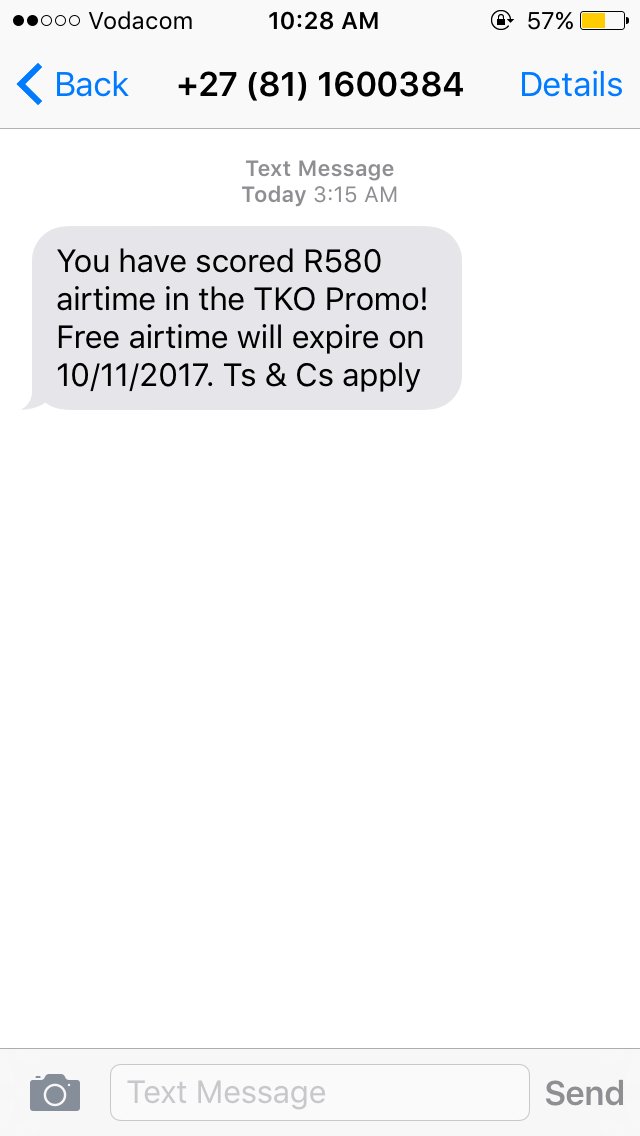 Ubids_SA's tweet photo. I have scored R580 airtime #TKO2017 #TKOPROMO .All thanks @TelkomZA 😍😍😍😍 https://t.co/tB7jOK90Oa