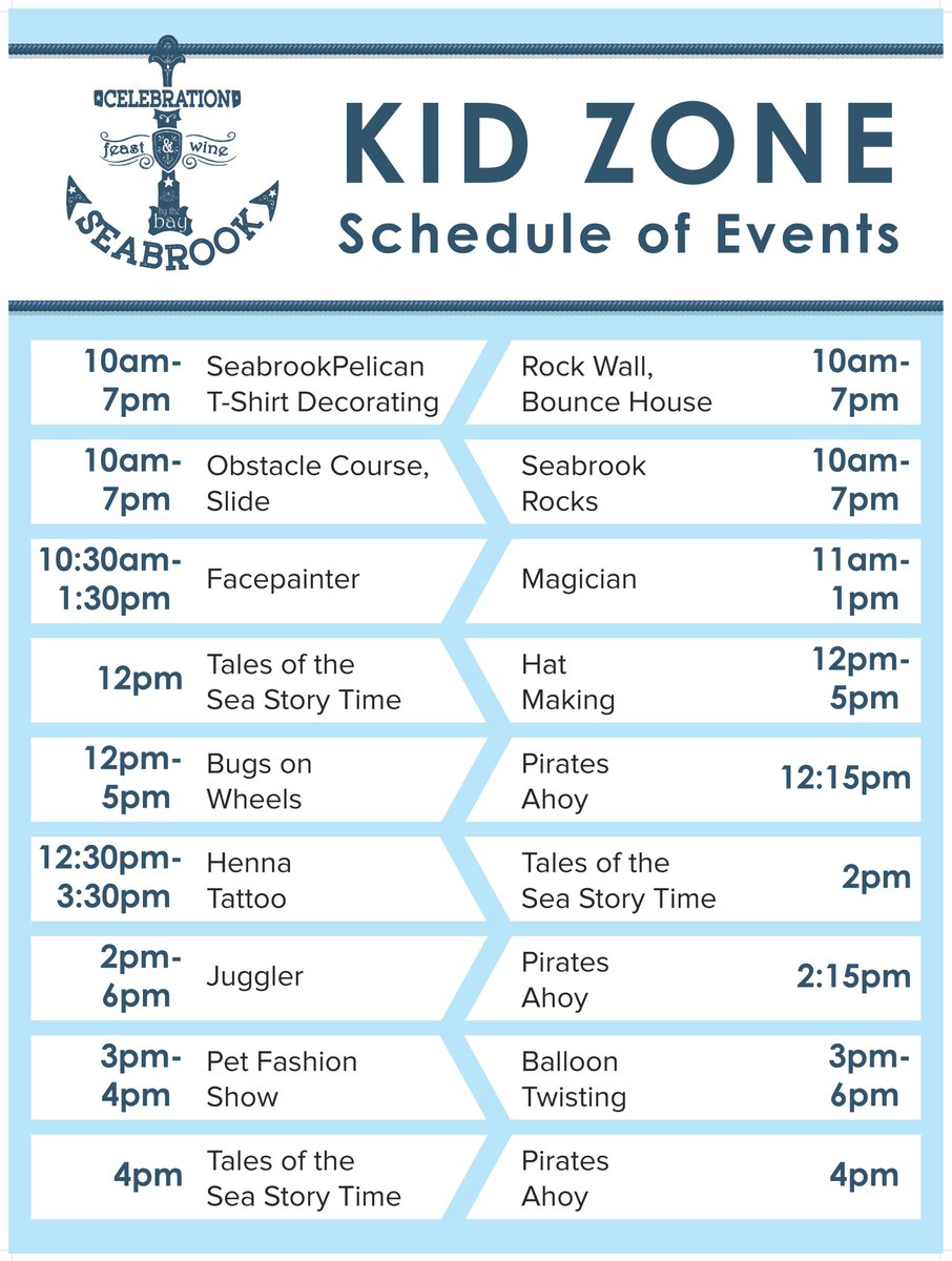 CelebrateSbkTX's tweet photo. Check out our Kids Zone schedule for #CelebrationSeabrook this Saturday, November 11! #SeabrookLove #IHeartSeabrook @SeabrookTX https://t.co/Wl4LvZESkq