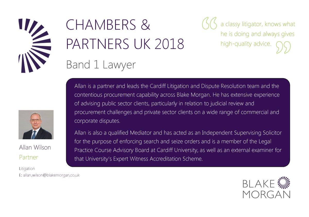 BlakeMorganLLP's tweet photo. Congratulations to Allan Wilson who has been ranked band 1 in #ChambersandPartners. https://t.co/HNd1g76aOX