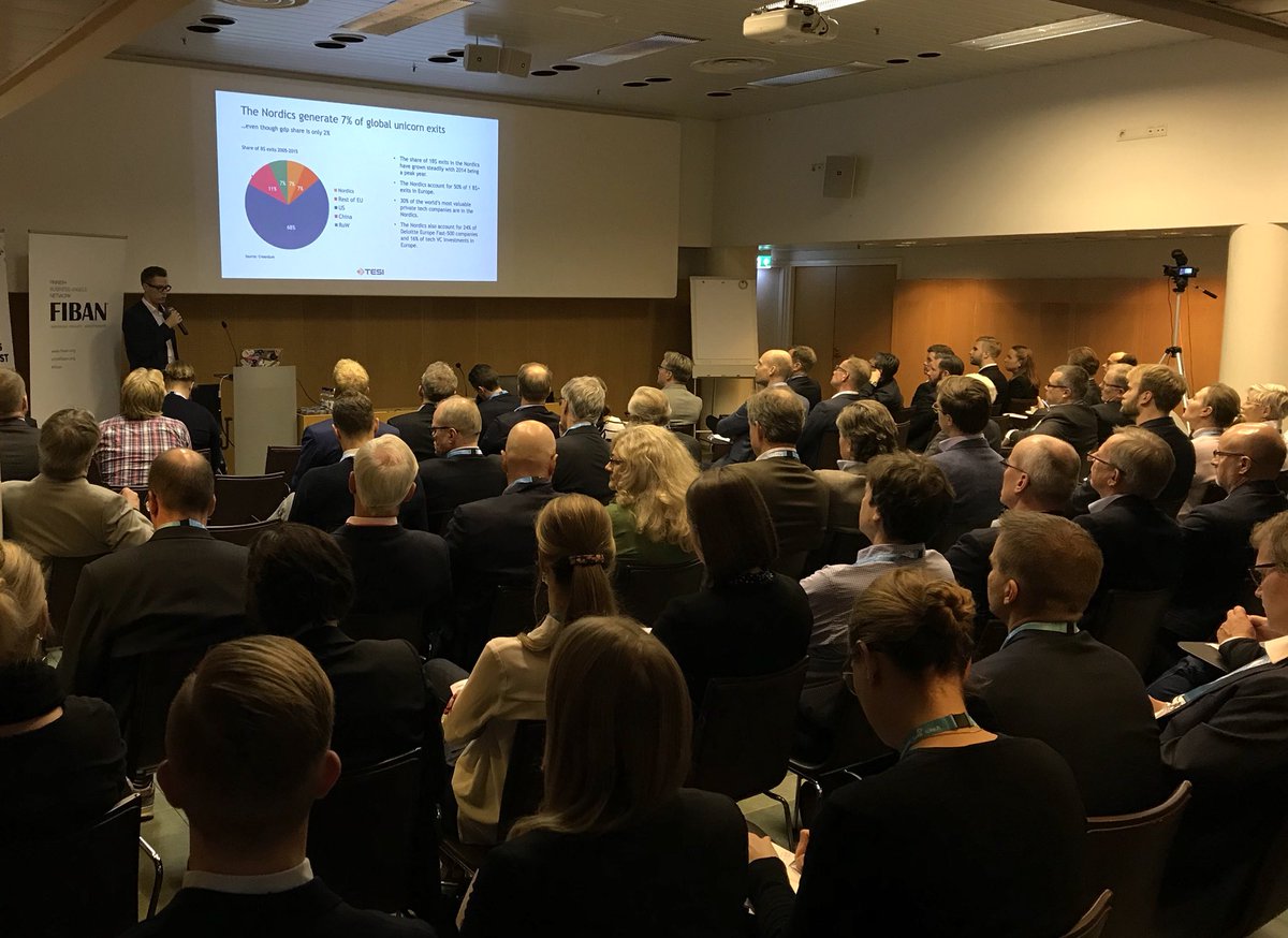 <a href="/FiBAN_org/">Go to FiBANorg</a> #PitchFinland key note speaker Jussi Sainiemi from <a href="/TesiFII/">Tesi</a> showing statistics: #Nordics generate 7% of global #unicorn #exits