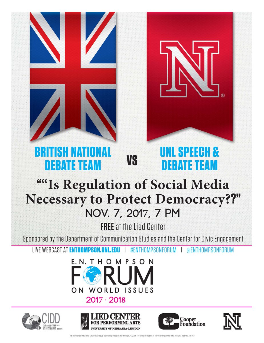 Today - British Nat'l Debate Team vs. <a href="/UNLSpeechDebate/">Husker Speech Debate</a> bit.ly/2ygdEsE @COMMatUNL <a href="/ENThompsonForum/">E.N. Thompson Forum</a> <a href="/LiedCenter/">Lied Center</a> #ENThompsonForum