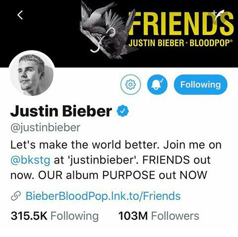 Alishak92836109's tweet photo. Congratulation to @justinbieber as he now has a whopping #103M followers on twitter.. Twitter making him #most_followed male❤❤ https://t.co/gQhaQvmmWu