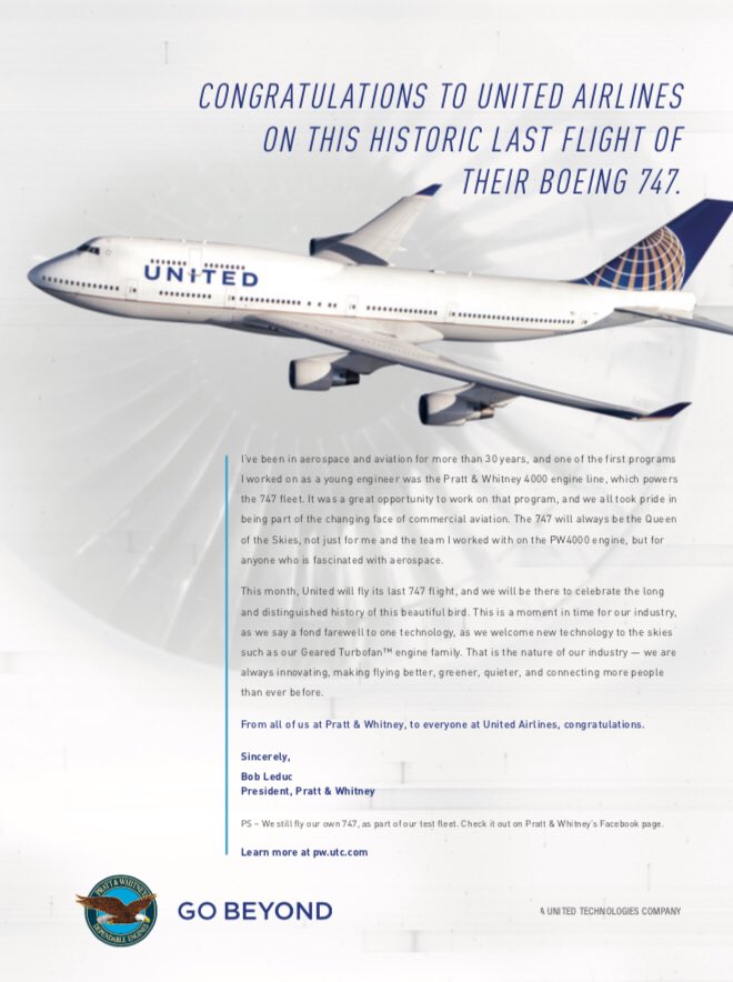 verbal06's tweet photo. @prattandwhitney PW4000 engines power the final flight of @united’s 747 today. Congratulations to @united on this accomplishment. #WeArePW. https://t.co/CZoJZRF0TZ