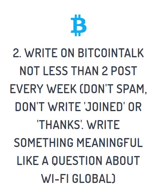 Airdropalertcom's tweet photo. NEW AIRDROP #WiFiGlobal now added. Airdrop rule: write 2 post on Bitcointalk for 5 weeks. Go to https://t.co/z6yWGKv9RR to join airdrop! https://t.co/31nLBFKhsM