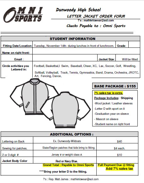 omniawardjacket's tweet photo. @Dwoodbaseball DHS on campus letter jacket fitting Nov 14th during all lunches b/t front office &amp; lunchroom. See form w/ details attached. https://t.co/p9ccIuHHsi