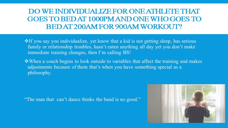 Coach_Alejo's tweet photo. I slide from my NSCA NC presentation on Individualization. Adjusting to things not physical is a big part of Individualization. https://t.co/94Mi4c6kbj