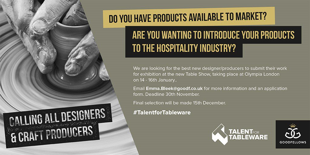 GoodfellowsLtd's tweet photo. We're searching for new talent!
#Designers #CraftProducers β we want you!
Find out more here: https://t.co/TDD0YsV54p
#TalentforTableware https://t.co/BtZfE9GFRD