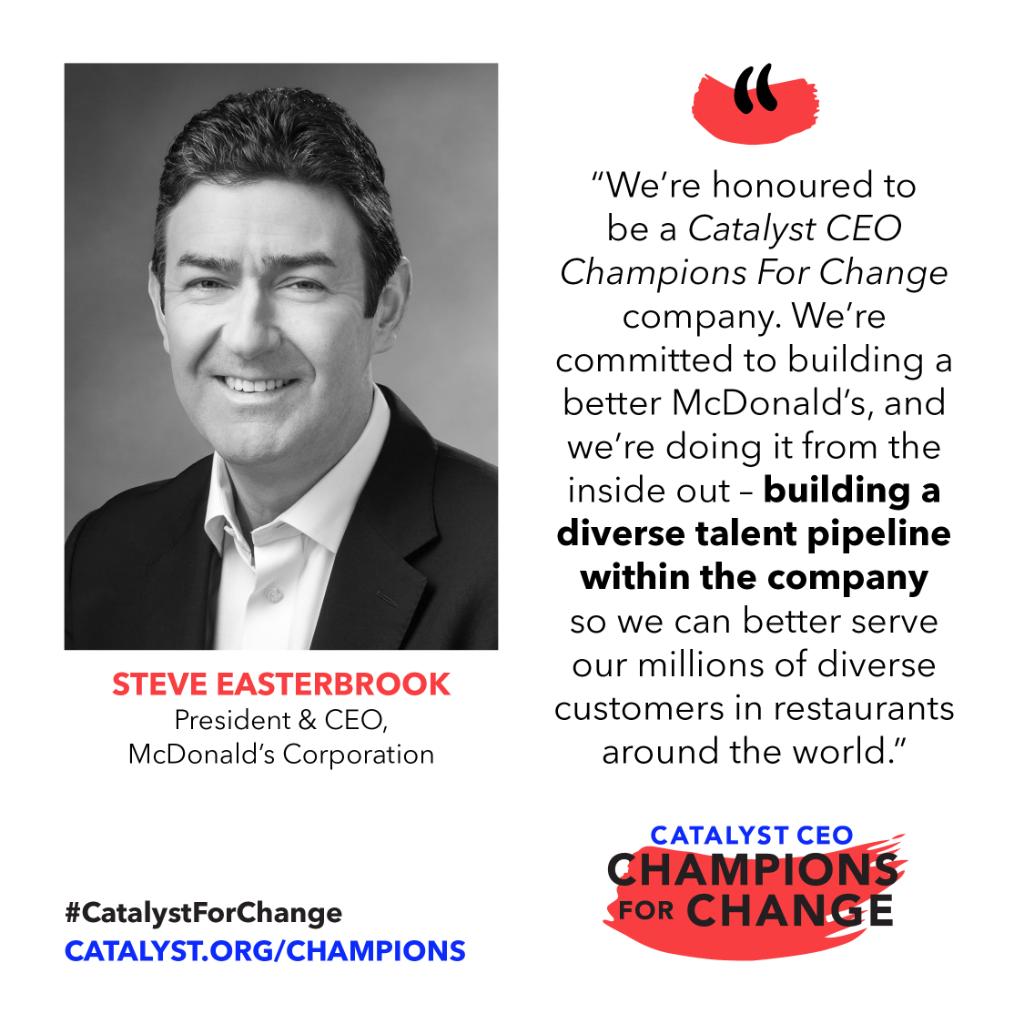 McDonaldsCorp's tweet photo. Proud that our CEO, @SteveEasterbrk, is a #CatalystForChange committed to gender equality, diversity &amp; inclusion. https://t.co/W2DQKYv4vm https://t.co/zPxeBsZcda