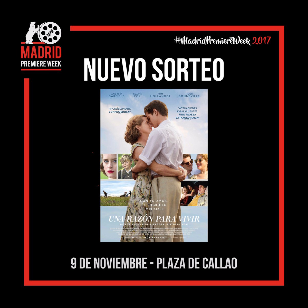 MadridPremiere's tweet photo. 🔴 ¡NUEVO SORTEO! 🔴
 25 ENTRADAS DOBLES para el estreno de 'Una Razón para Vivir' entre todos los SEGUIDORES que hagan RT a este tweet 🍀 https://t.co/cXQ4rwZHST