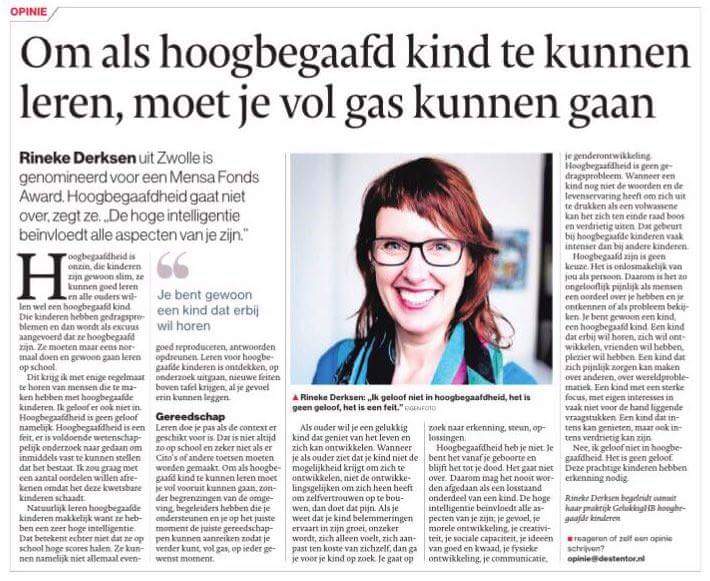 MensaFonds's tweet photo. Kijk! Meer aandacht voor de @MensaFonds Awards in de pers: dit keer voor genomineerde @RinekeDerksen. 11 November de uitreiking https://t.co/cytRZu02dZ