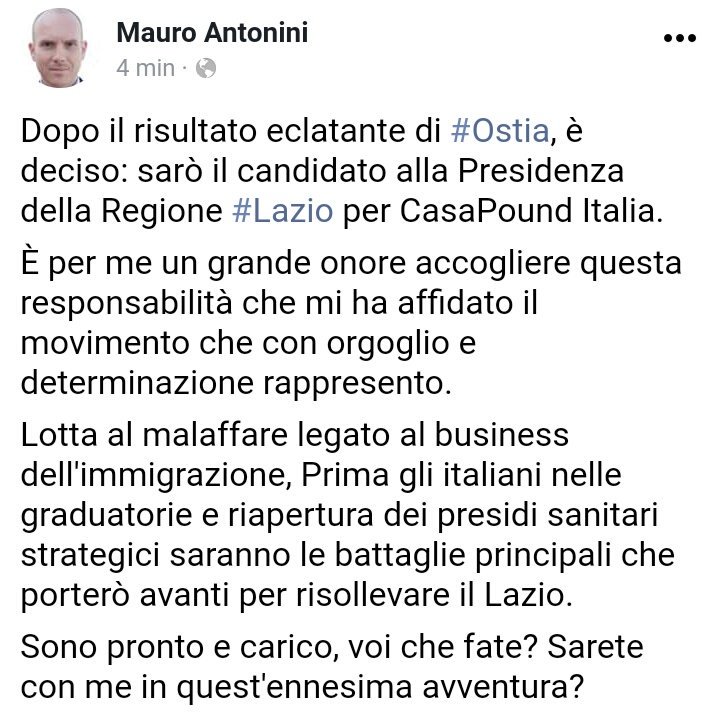 AntoniniMauro's tweet photo. Ufficializzo la mia candidatura alla presidenza della Regione Lazio per #CasaPound #Italia

Amici, abbiamo molto da fare.

Siete con me? https://t.co/MBmGjadmpb