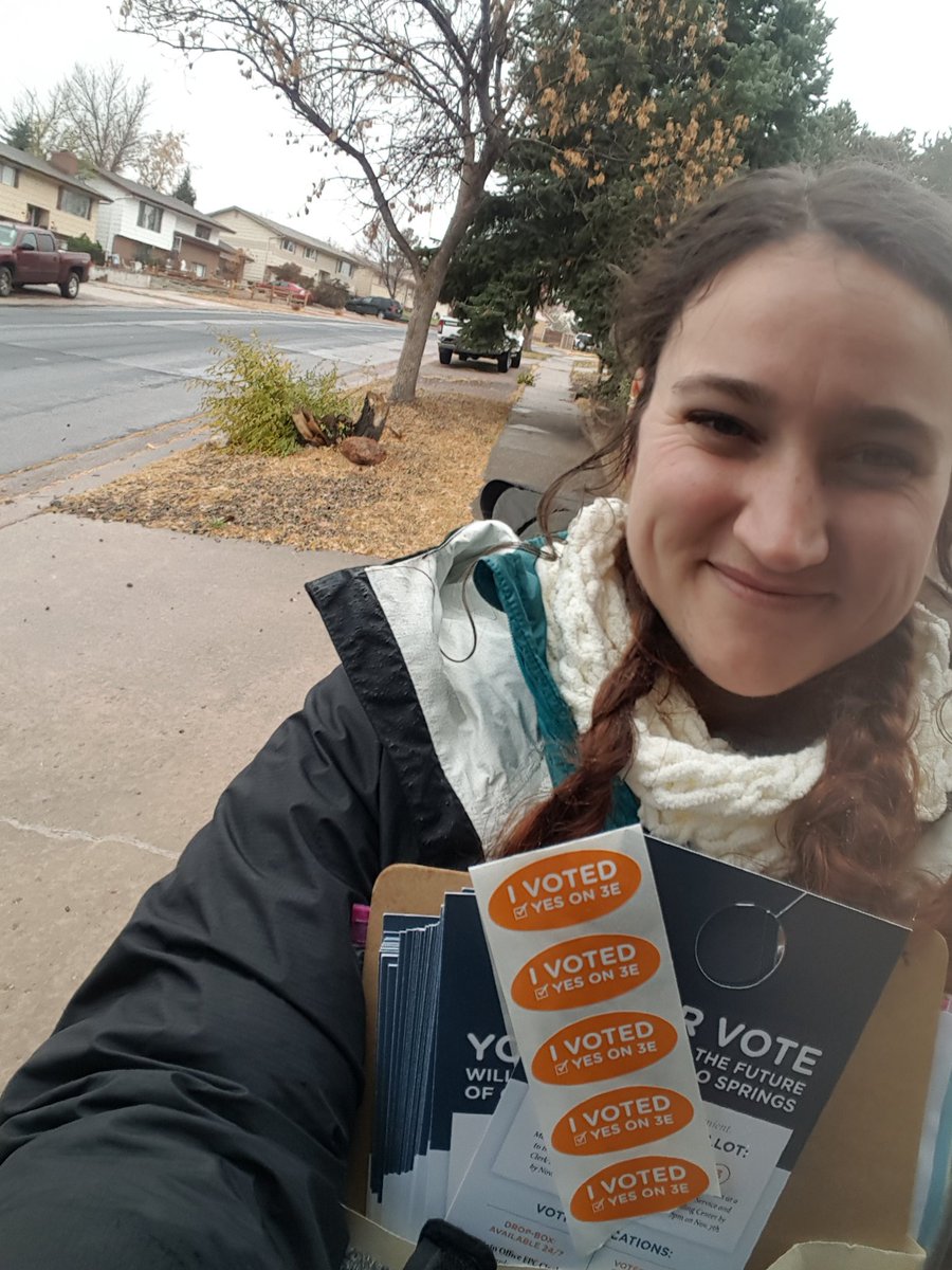 SarahGibson26's tweet photo. Second best decision today: googling how to layer for the cold. Best decision: getting out the vote for #Yeson3E today! https://t.co/lAvqP69wT3