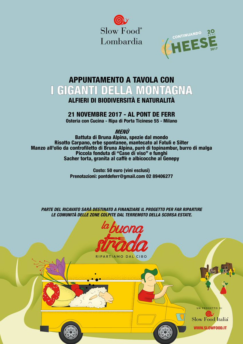 A mangiar bene si fa bene! 21/11 serata Slow Food a favore delle comunità colpite dal terremoto lo scorso anno. 
pontdeferr@gmail.com