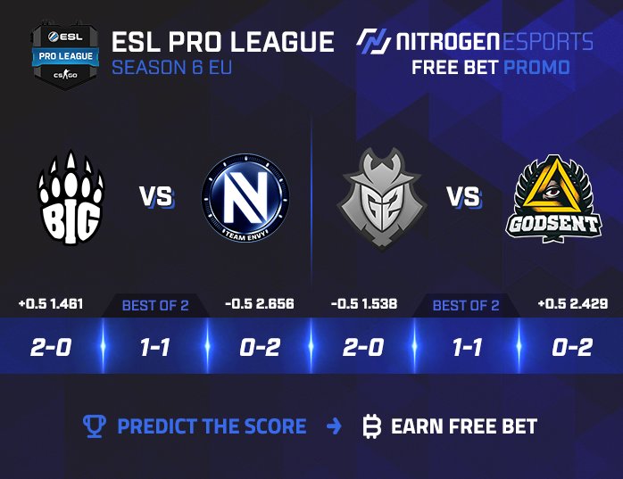 NitrogenEsports's tweet photo. HELL YEA! New #NitrogenPromo Prediction!
1. Retweet
2. Predict the scores in the comments!
3. #ESLProLeague odds: https://t.co/lCxFKbxDa8 https://t.co/hpJyJOvrfd