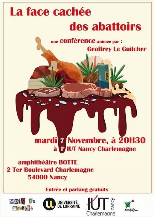 HypathieBlog's tweet photo. Via @Draven974 Nancy -Ce soir conférence animée par @GLeguilcher journaliste auteur de #SteakMachine récit de 40 jours ds 1 #abattoir breton https://t.co/zJZrF8Xrf7
